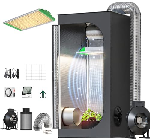 TopoGrow-AlphaPar New Tech Sunlike APQ300 LED luz de Crecimiento de Espectro Completo + 32 x 32 x 63 Pulgadas Tienda de Cultivo Interior + 4 Pulgadas Filtro de ventilación Ventilador de Escape y