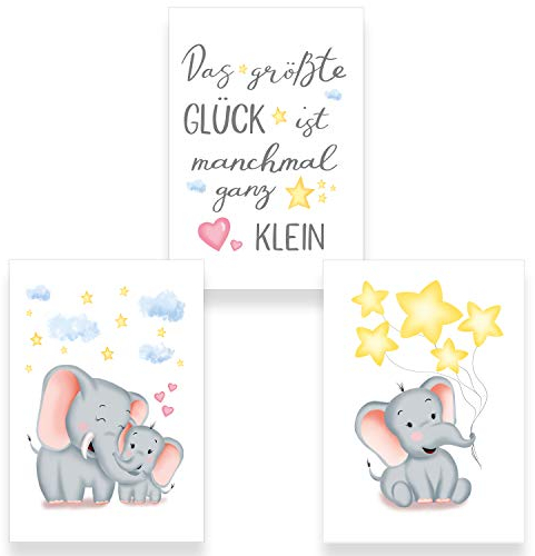 ChicResult 3er Set Wandbilder ELEFANT mit Spruch für Babyzimmer - Deko Poster Mädchen oder Jungen, Kinderposter, Kinderzimmer Dekoration, Wandspruch (3x DIN A4 ohne Bilderrahmen)