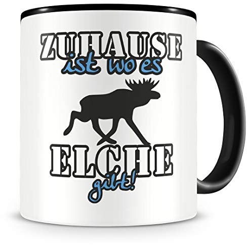 Samunshi® Elche Tasse mit Spruch Zuhause ist Elche Geschenk für Elche Fans Kaffeetasse groß Lustige Tassen zum Geburtstag schwarz 300ml