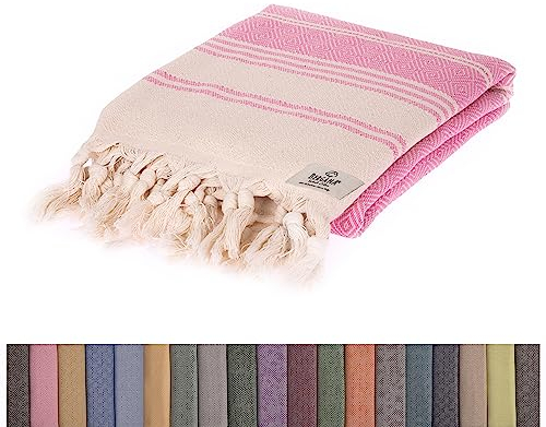 BERGAMA türkisches Strandtuch, 100% Baumwolle, vorgewaschen, 96 x 180 cm, schnell trocknend, sandfrei, leicht, großes Badetuch für Strand, Pool, Bad, Fitnessstudio, Picknick und Yoga-Decke (Pink)