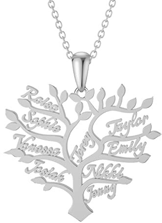 SLIACETE Collier arbre généalogique avec plaque nominative personnalisée - Collier avec pendentif arbre de vie personnalisé - Cadeau pour femmes, filles, famille, amis, Argent sterling