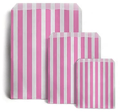 Sabco - 100 Pink Sweet Candy Striped Paper Bags 7 x 9 for Confectionary Party Favour Pick n Mix Wedding Sweets Gift Bag (100, 7 x 9)