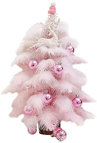 BELUAPI 18 Inch Artificial Mini Pink Christmas Tree, Cute Fake Xmas Tree with Lights/Deer/Ball/Feather,PVC Small DIY Xmas Tree,Elegant Desktop Tree Decor for Home Kitchen Dining Table Indoor Decor