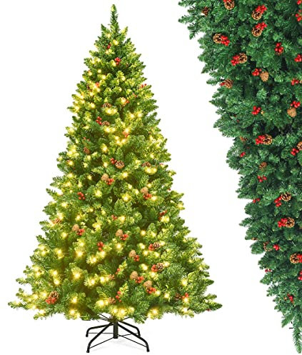 GIANTEX 195 cm Weihnachtsbaum künstlich, Tannenbaum mit 450 LEDs warmweiß, Christbaum geschmückt mit Tannenzapfen & roten Beeren, Christmas Tree Eisenständer, Kunsttanne naturgetreu grün
