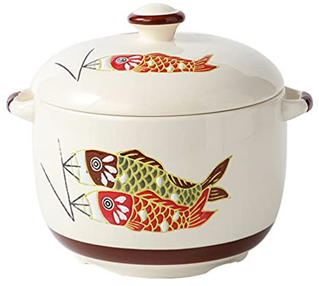 450Ml Japanese Style Ceramic Soup Bowl with Lid - Delicate Carp Pattern, Versatile Stewing Pot for Microwave, Oven, Dishwasher Safe