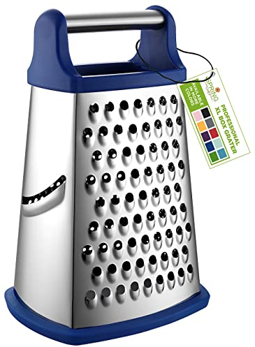 Spring Chef Edelstahl XL Parmesan-Käsereibe mit Griff - 4-seitige Metallkastenreibe für Küche - Spülmaschinenfester Kartoffelzerkleinerer für Hash Browns, Kartoffel, Karotte, Gemüse - Saphir