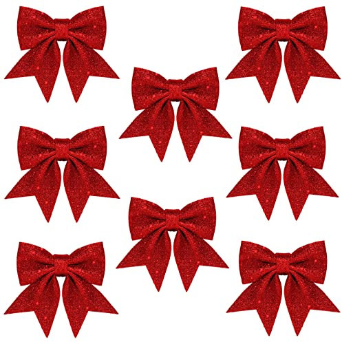 8 Pcs Red Glitter Foam Bows 5.5 Inch Christmas Glitter Wreaths Bows for Decorations,Bowknot Sequin Ties for Christmas Tree Decor,Bows Ornaments for Xmas Tree Wreaths,Garland Decorations