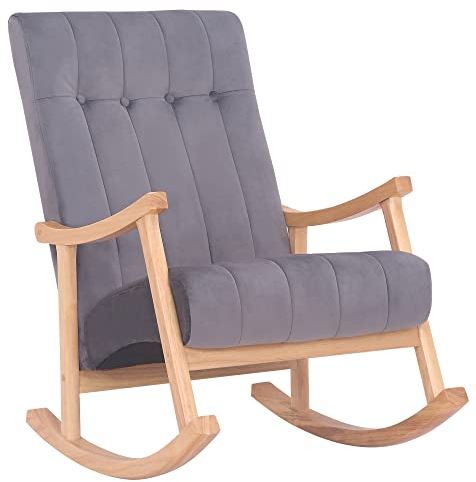 CLP Schaukelstuhl Saltillo Samtbezug I Lounge Schwingstuhl Mit Holzgestell I Relaxsessel Und Lesesessel I Für Wohnzimmer Und Schlafzimmer, Farbe:Natur/grau