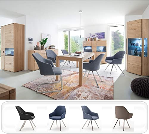 expendio Esszimmer Torrent 140 Eiche Bianco massiv + Stühle Marion A1 Kunstleder graublau LED Eckschrank Esszimmerschrank Sideboard Highboard, Anzahl Stühle:mit 4 Stühlen