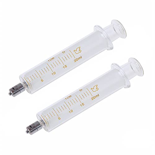 2 Stück Glasspritzen mit Kappen, 20 ml Luer Lock wiederverwendbare Glasspritze, Metall Luer Lock Kaliber Injektor Laborproben für Labor