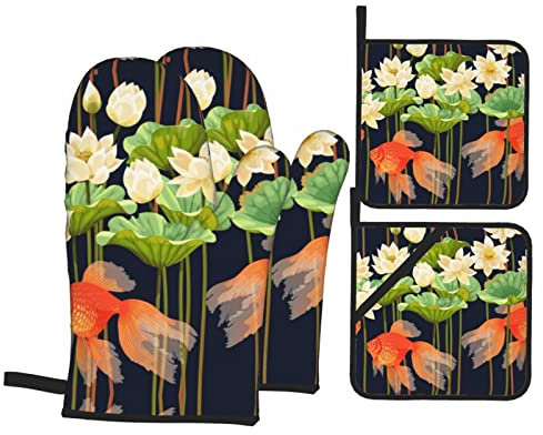 Lotus Teich-Ofenhandschuhe und Topflappen-Sets, Futter für Küche, Backen, Grillen, 4 Stück