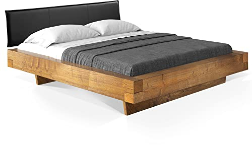 moebel-eins CURBY Balkenbett mit Polster-Kopfteil, Wangenfuß, Material Massivholz, 200 x 220 cm, Vintage, Kunstleder Schwarz