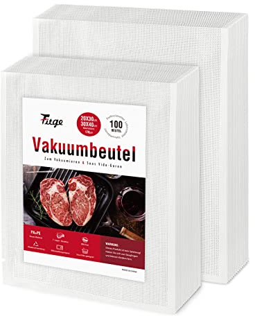 Fitge Vakuumierbeutel 170µm 20x30cm+30x40cm 100 Beutel für alle Vakuumiergeräte Vakuumbeutel für Lebensmittel BPA-frei stark & reißfest Profi Vakuumierfolie Sous Vide Gefrierbeutel