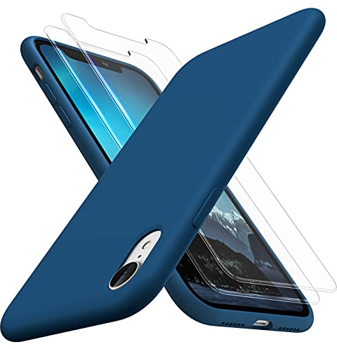 TOCOL 3 in 1 for iPhone XR Case, with 2 Pack Tempered Glass Screen Protector, Liquid Silicone Slim Shockproof Cover [Anti-Scatch] [Drop Protection] iPhone XR Phone Cases 6.1 Inch, Midnight Blue