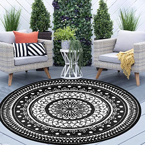 Cekene Tapis d'extérieur réversible, 1,5 m, rond, tapis de terrasse, en plastique léger, tapis de paille, imperméable, tapis de camping vintage, tapis de sol portable, barbecue, plage