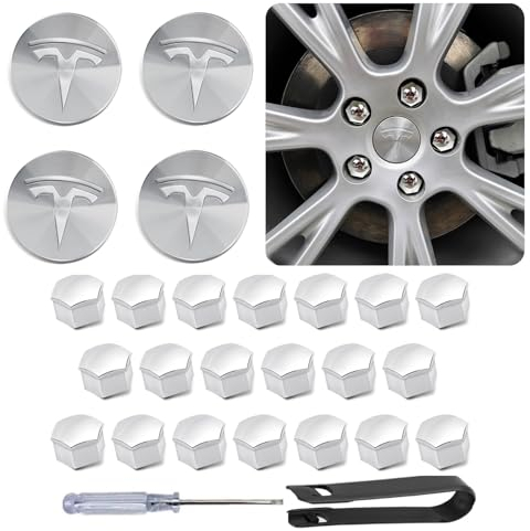 Radkappen Set für Tesla Model 3 / Model Y (Silber), 4 Nabenkappen + 20 Radmutterkappen