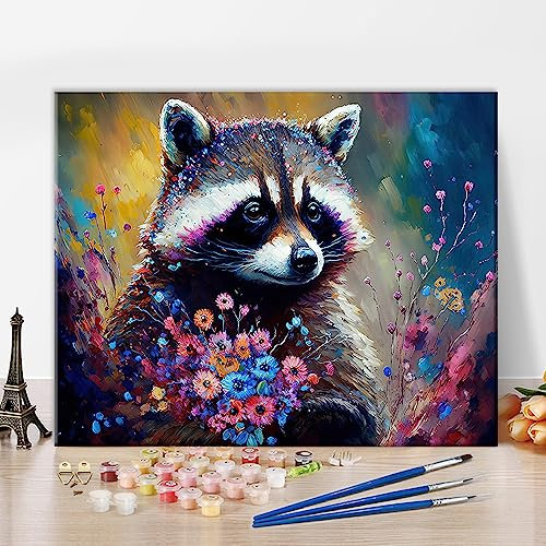 TISHIRON Peinture par Numéros DIY - Kit pour Adultes - Raton Laveur et Fleur sur Toile - Artisanat - Cadeau pour Décoration Murale