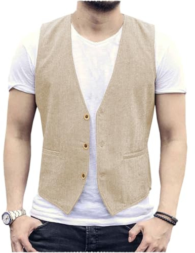 AeoTeokey Chaleco de lino de verano para hombre, chaleco informal, ajuste regular