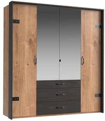 Lomadox Kleiderschrank Drehtürenschrank 4-TRG., 200 cm, mit Passepartout, Eiche mit Stahl Nb., Industrial Design