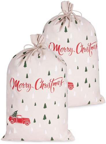 BRUBAKER Weihnachtssack Merry Christmas - Tannenbaum Wald mit Auto Rot - 80 cm Geschenksack Weihnachten - Nikolaussack Sack Baumwolle mit Kordel zum Verpacken von Geschenken - 2 Stück