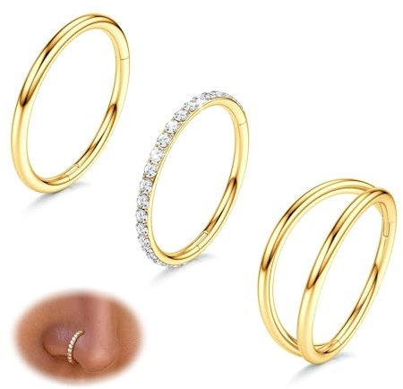 Diamday 3stk Nasenpiercing Ring 316L Chirurgenstahl Nasenring Piercing 16G/18G/20G CZ Conch Piercing Nasenring Gold Silber Septum Clicker Lippen Ring Helix Rook Tragus Daith 7mm/8mm/9mm/10mm