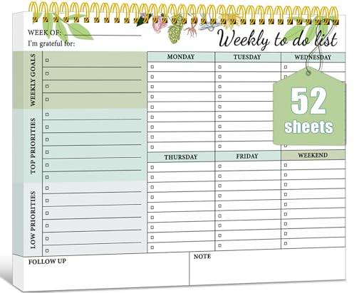 BLESWIN Wochenplaner Block, To do Liste Undatiert 52 Blätter, To Do List Notizblock Spiralgebundene, Weekly Planner Checkliste für Arbeit und Persönliches Organisieren von Aufgaben Grün