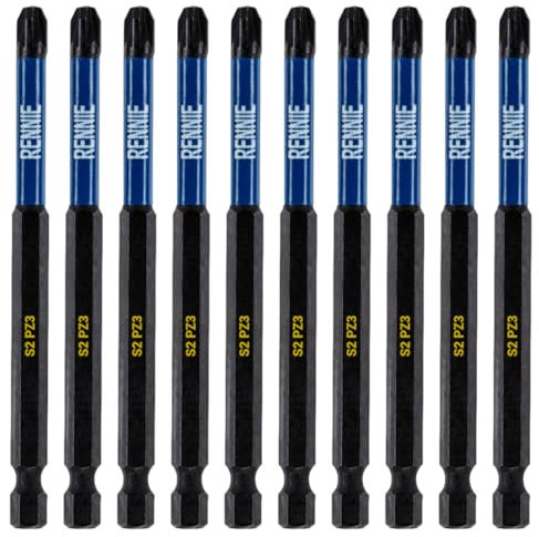 10 x Rennie Tools 100mm Long PZ3 Impact Screwdriver Driver Bits Set. Heavy Duty PoziDriv POZI No.3 Magnetic Screwdriver Bit Set. PZ3 Impact Driver Bits Pozidrive Screw Accessories.