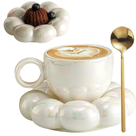 Kaffeetassen Becher Keramik Kaffeetasse mit Löffel Reise Sonnenblumen Cloud Tasse mit Untertasse 200 ml Nachmittag Tee Tasse für Latte, Cappuccino Weiß