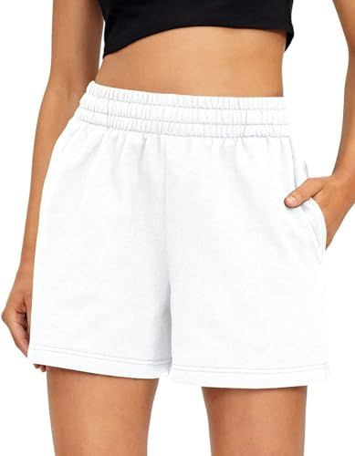 BUHIM Shorts Damen Kurze Hose Sommer Sport Shorts Baumwolle Casual Kurz Jogginghose Sporthose Bequeme High Waist Running Shorts mit Taschen (Weiß, L)