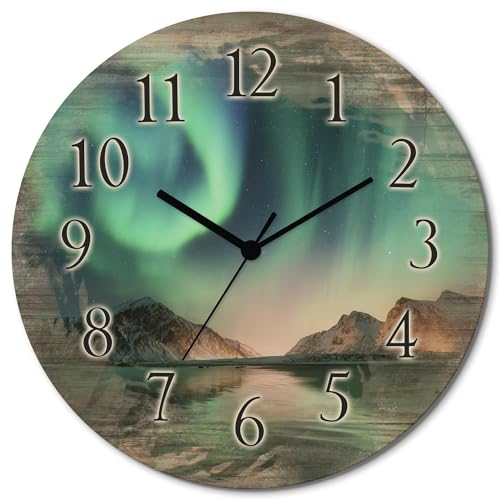 ARTLAND Wanddeko Wanduhr ohne Tickgeräusche aus Holz Funkuhr lautlos rund Ø 30 cm Auroraborialis - Nördliches Polarlicht T9SZ Landschaften Bilder von Europa