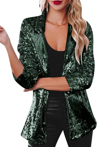 EFOFEI Damen Revers Langarm Pailletten Anzug Club Lose Pailletten Jacke Langarm Revers Jacke Dunkelgrün S