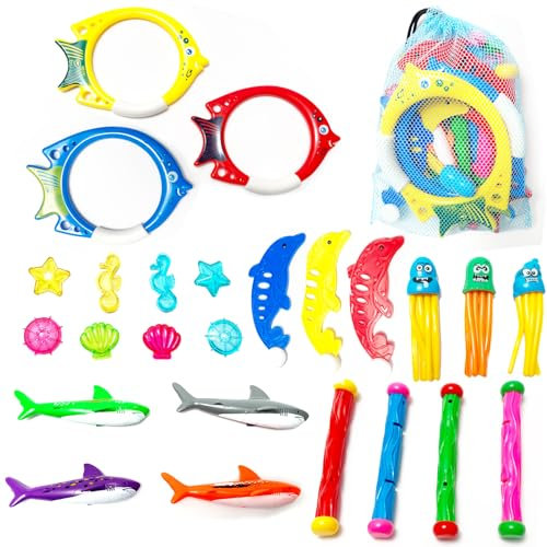 Famiredo 25Pcs Diving Pool Toys Set with Diving Stick Shark Diving Rings Gemstone Dolphin Underwater Swimming Pool Toys for Diving Game Kit with a Storage Net Bag