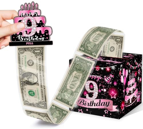 Birthday Money Box for Cash Gift, 9th Surprise Box Explosion Gift for Girls Boys Kids, 9th Birthday Money Gift Ideas, 9 Years Old Birthday Pink Party Decor -Included 35 Bags