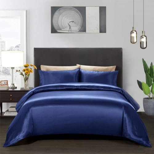 Teamllong Satin Housse de Couette 220x240 Bleu, 3 Pièces Couleur Pure Satinée Parure de Lit Adulte 2 Personnes Luxe Lisse Doux Satin Sets de Housses de Couettes avec 2 Taies d'oreiller 65x65cm