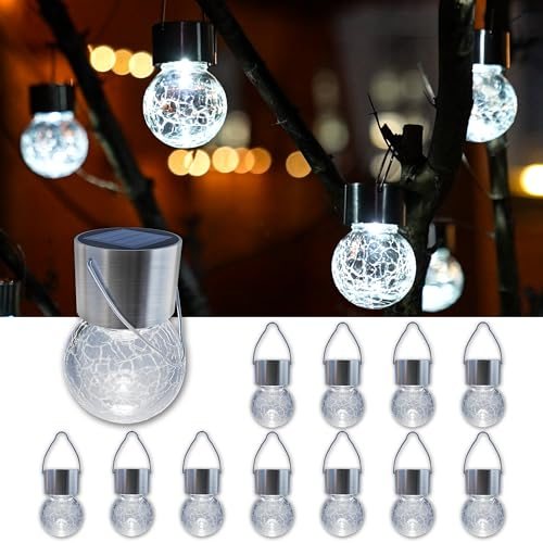 GIGALUMI 12 Stück Solar-Außenleuchten, Solar-Hängeleuchten, rissiges Glas, Solarleuchten für den Außenbereich, wasserdicht für Garten, Hof, Zaun, Baum (kaltweiß)