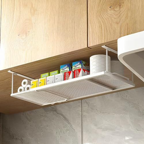 ROLIZOE Expandable Under Shelf Storage, Under Shelfs Basket, Metal Hanging Storage Basket, Under Desk Shelf for Kitchen, Cabinet, Shoe Bench (1, White - Standard)