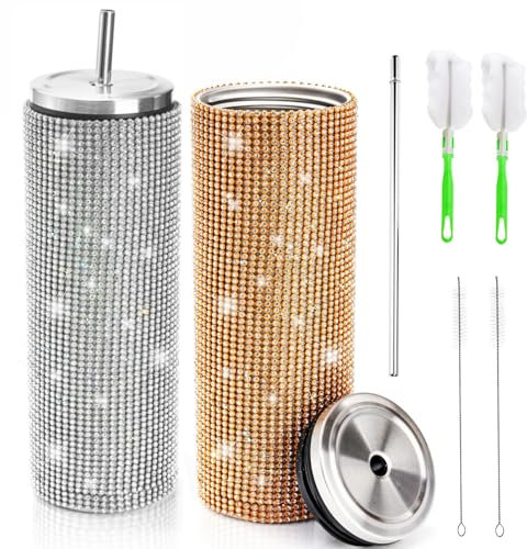 Mezchi 2 Pack Studded Rhinestone Tumbler, 650ML/23OZ Bling Tumbler Cup with Lid and Straw, Stainless Steel Glitter Cups, Thermal Bottle for Women, Silver, Gold