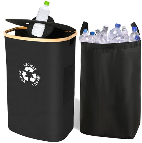 JUNEBRUSHS Recycling Bin Storage Kitchen Indoor 26 Gallon 100L Household Bottle Items Collection Container Large Recycling Storage Container with Lid Reusable Removable Inner Bag Bottle Jar Glass