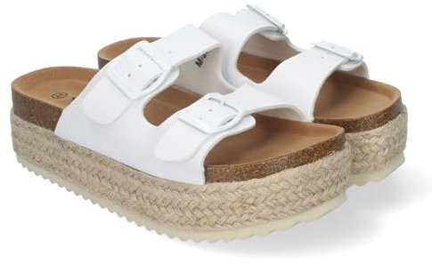 shoes&blues.es 84731 Sandalia de Plataforma para Mujer, Comodas y Elegantes, Forradas de Yute, con Planta Anatomica, y Hebillas en la Pala, Ideales para Primavera Verano Blanco Talla 41