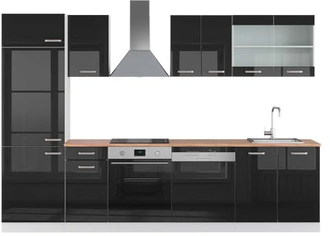 Vicco Küchenzeile R-Line, Schwarz Hochglanz/Weiß, 300 cm | 8 Module · Höhenverstellbare Füße · Arbeitsplatte Eiche · Robuste Fronten · Mit Kühlschrankumbauschrank · Frei kombinierbar