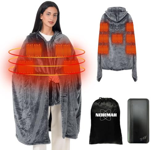 Heating Blanket with Portable 20000mAh 7.4V Power Bank, Large Size for Big Man 180 x 110 cm,3 Heating Levels Shawl Electric Heating Blanket for Outdoors, 11 Quick Heating Zones Blanket