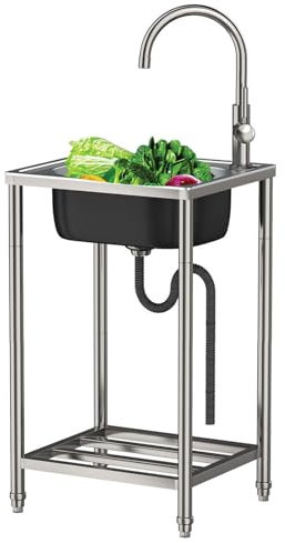 Évier exterieur en Acier Inoxydable Évier Mobile Autoportant Évier Portable avec Robinet Évier Inox Camping 1 Bac Lavabo à Une Cuve,Pour Garage Jardin Buanderie