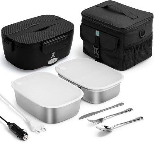 STN Gamelle Chauffante 80w Lunch Box Chauffante avec 2 Récipients De 1,5l En Inox,Sac Isotherme De 10 Litres,Couverts pour 12v 24v 220v