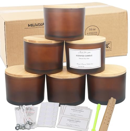 MILIVIXAY Lot de 6 pots à bougies de 473,6 g avec couvercles en bambou et kits de fabrication de bougies – Bocaux vides en verre épais ambré givré pour la fabrication de grandes bougies – Conteneurs à