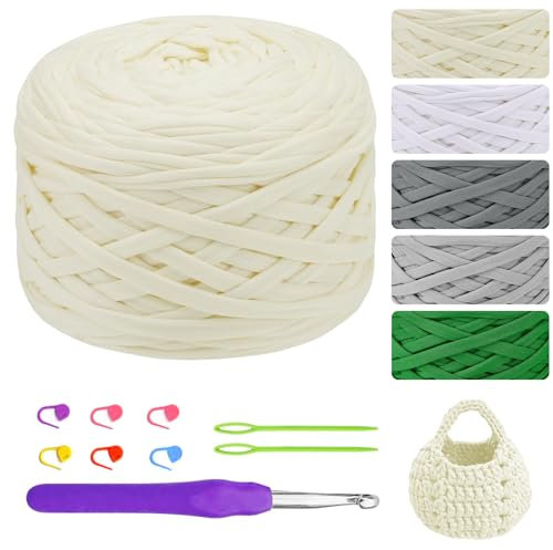 T-Shirt Garn, Textilgarn zum Häkeln, Bändchengarn zum Stricken und Häkeln, Garn für Taschen, Körbe, Teppiche, Wandbehang, DIY-Kunsthandwerk - Beige