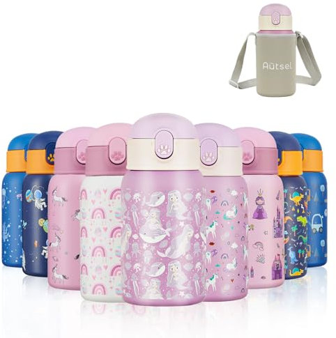 Autsel 400ml Gourde Isotherme Enfant avec Paille Bouteille Isotherme Étanche avec Sac Transport Sirène Violette Gourde Bouteille d'eau en Acier Inoxydable sans BPA pour École Sport Maternelle