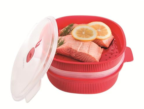 Snips - Vaporiera Microonde Rossa 4L con 2 Vassoi Sovrapponibili per Doppia Cottura a Vapore, Contenitori per Alimenti - Contenitore per Microonde, 26.5x22x13.5 cm, Made in Italy