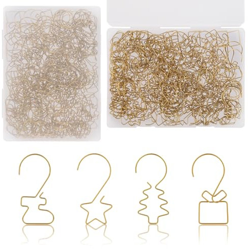 160pcs Christmas Ornament Hooks, Xmas Tree Ornament Hangers Including Star Gift Box Christmas Bauble Stocking Shaped Christmas Tree Metal Hooks for Christmas Tree Decoration Hanging(Golden)