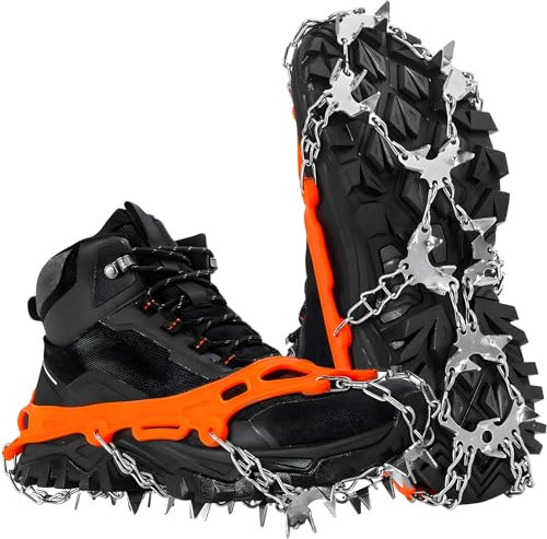 HOSLAFON Steigeisen für Schuhe, 32 Spikes, EIS- und Schneegriffe, Edelstahl-Traktionsstollen zum Gehen, Joggen, Klettern und Wandern