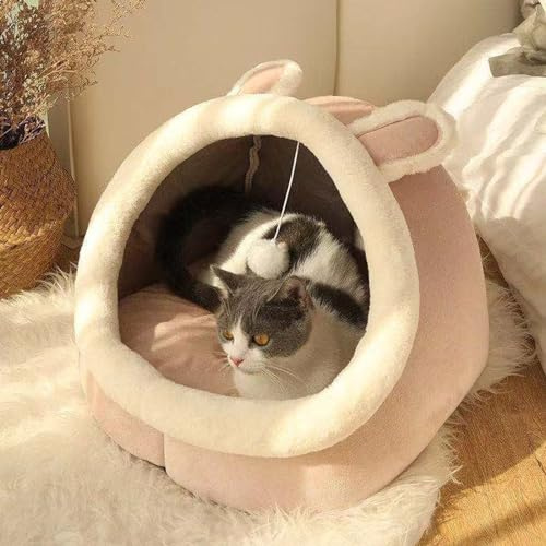 Katzenbett Höhle, Katzenbett flauschig, Katzenkorb, KatzenhöHle, Katzenhaus Indoor,Katzen höhle,Katzenhöhle Katzen Haus,Katzenhöhle Warm,Abnehmbares gepolstertes Kissen,Superweiche (Rosa, 30x30x28 cm)